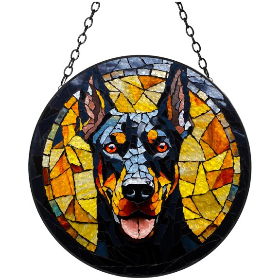 Black Doberman Stained Glass Suncatcher Window Hangings Colored Handmade Glass Suncatcher Crafts Kits for Indoor Garden Christmas Decoration 16x16cm(10)