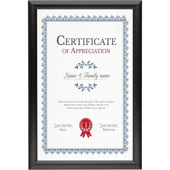 Black Document Notice Frame 11x17 Inch, 1" Narrow Profile, Front-Loading Snap Frame, Wall Mounted, Professional Series