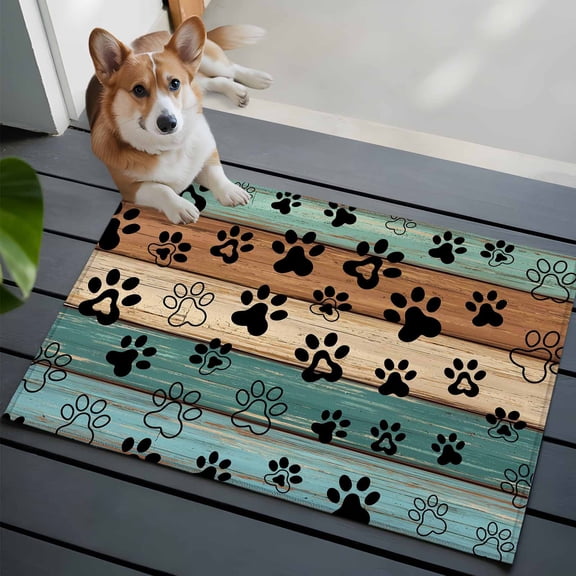 Black Dog Claws Bathroom Mat 2x3 FT, Non Slip Small Kitchen Mat, Cat Pets Printed Teal Brown Wood Grain Washable Backed Front Door Throw Rug Non-Shedding Indoor Outdoor Doormat for Entryway Sink