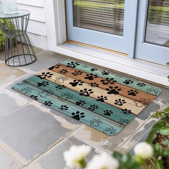 Black Dog Claws Door Mat Indoor Outdoor, Cat Pets Printed Teal Brown Wood Grain Non Slip Welcome Mat with Rubber Backing, Absorbent Fabric Front Door Mats Entryway Rug for Home Patio Entrance 16"x24"