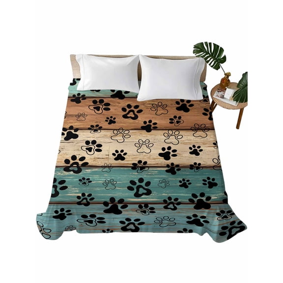 Black Dog Claws Flat Sheet Only Twin Size, Soft Breathable Bed Top Sheets for Mattress, Cat Pets Printed Teal Brown Wood Grain Luxury Bedding Flat Sheets for Home Hotel Bedroom Bed Protection