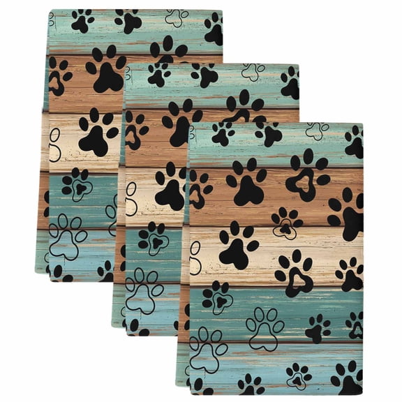 Black Dog Claws Kitchen Towels Set of 3, Absorbent Microfiber Dish Tea Towels with Hanging Loop, Cat Pets Printed Teal Brown Wood Grain Resuable Hand Towel for Home Kitchen Cooking Cleaning 18"x28"