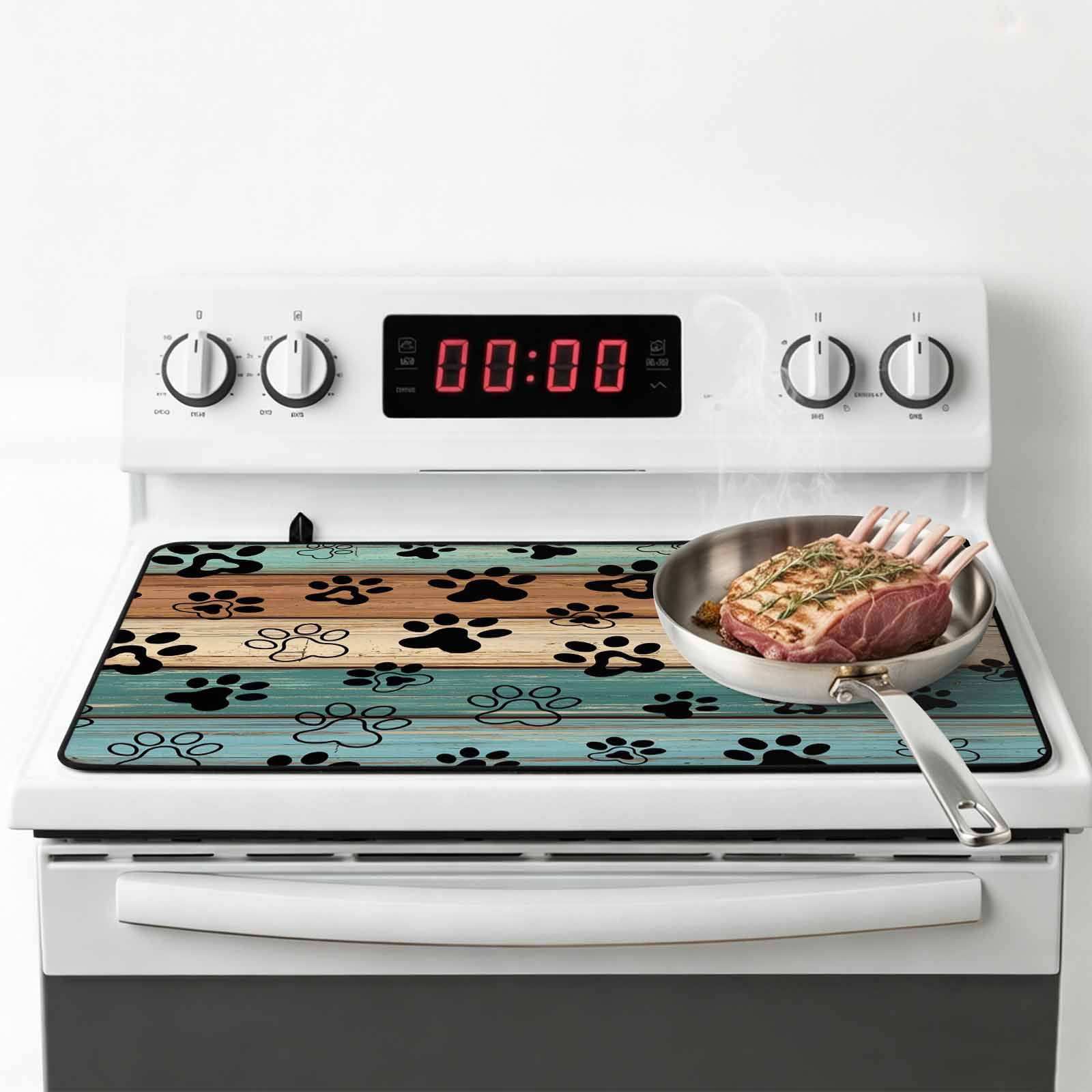 Black Dog Claws Stove Top Cover for Electric Stove, Heat-proof & Non Slip Glass Top Stove Cover Protector, Cat Pets Printed Teal Brown Wood Grain Kitchen Flat Cooktop Rubber Mat 24x21 Inches