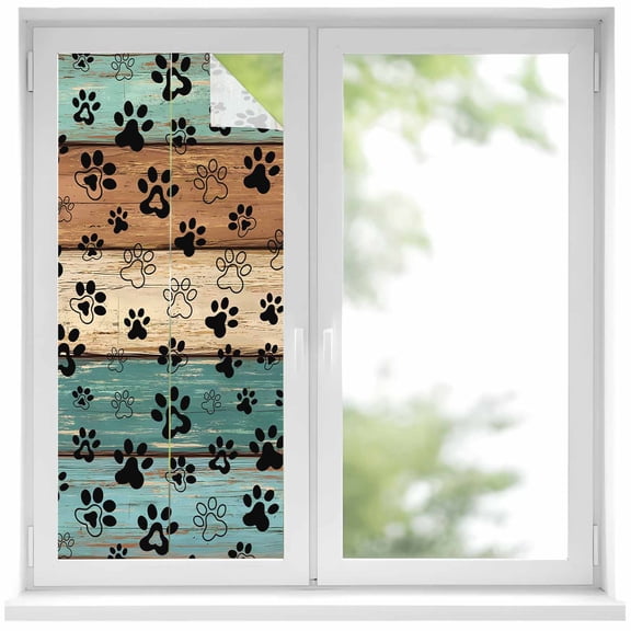 Black Dog Claws Window Privacy Film, Cat Pets Printed Teal Brown Wood Grain Static Cling UV Sun Blocking Heat Control Window Tint, Non-Adhesive One Way Windows Privacy Cover 19.6''x39.3''