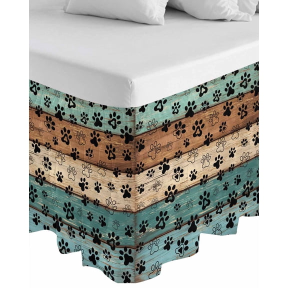 Black Dog Claws Wrap Around Bed Skirts for California King Bed 18" Drop,Bed Skirt with Adjustable Elastic Belt Dust Ruffle Bed Valance Cat Pets Printed Teal Brown Wood Grain Bed Frame Cover
