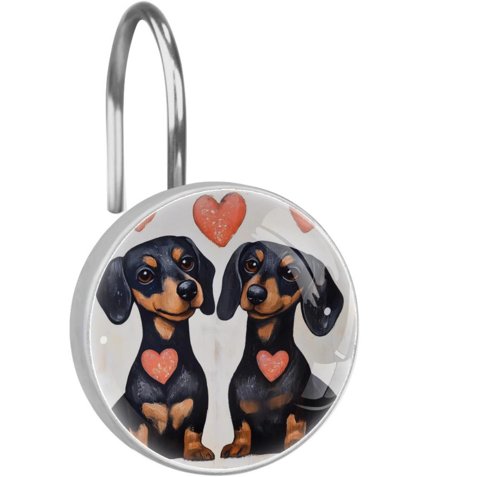 Black Dog Couple with Heart Shower Curtain Hooks Round Crystal Glass, Set of 12 Shower Curtain Rings - Shower Hooks for Curtain Shower Rings