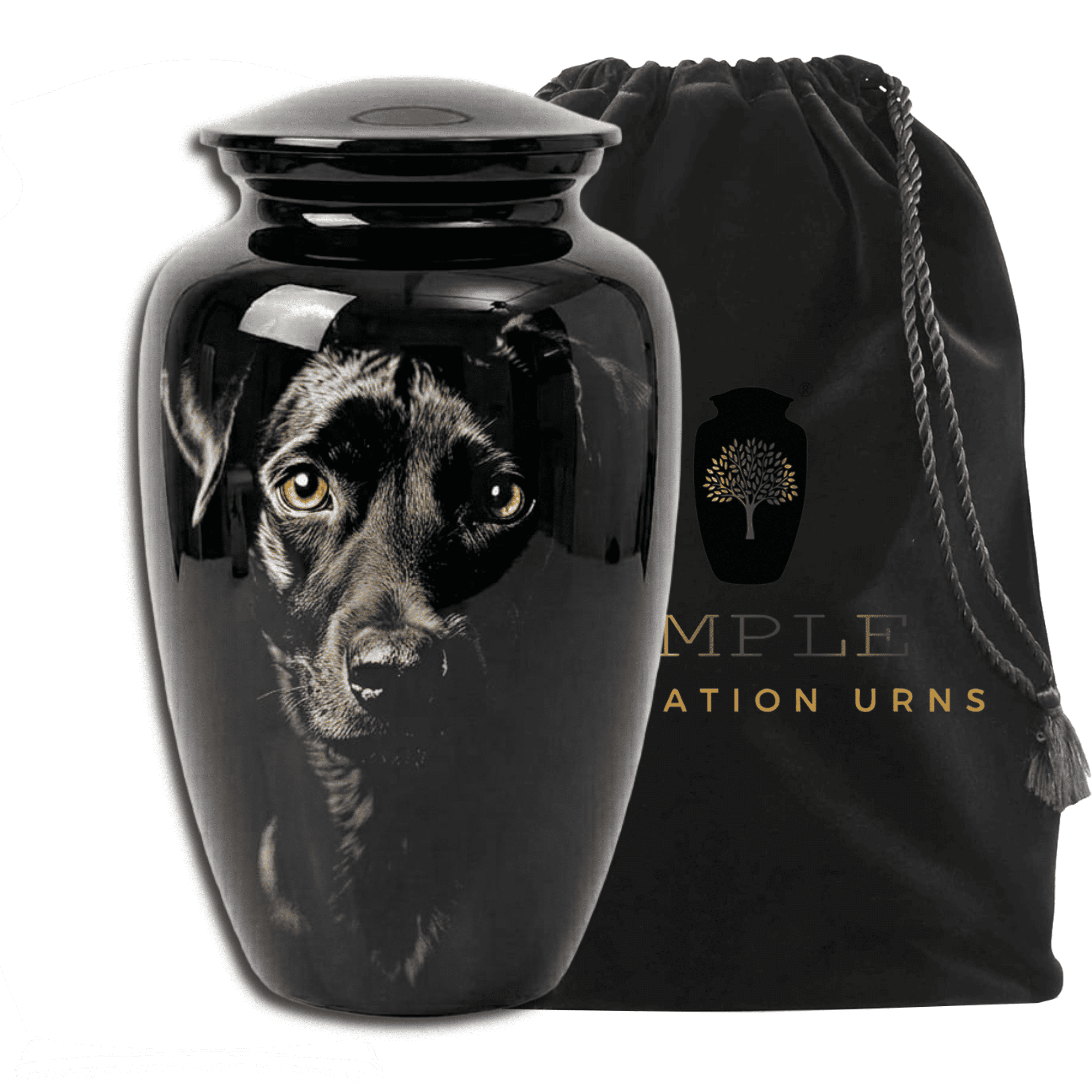 Black Dog Cremation Urn for Pet Ashes – Glossy Aluminum Memorial Urn Realistic Portrait