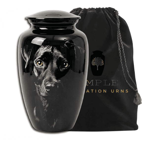 Black Dog Cremation Urn for Pet Ashes  Glossy Aluminum Memorial Urn Realistic Portrait