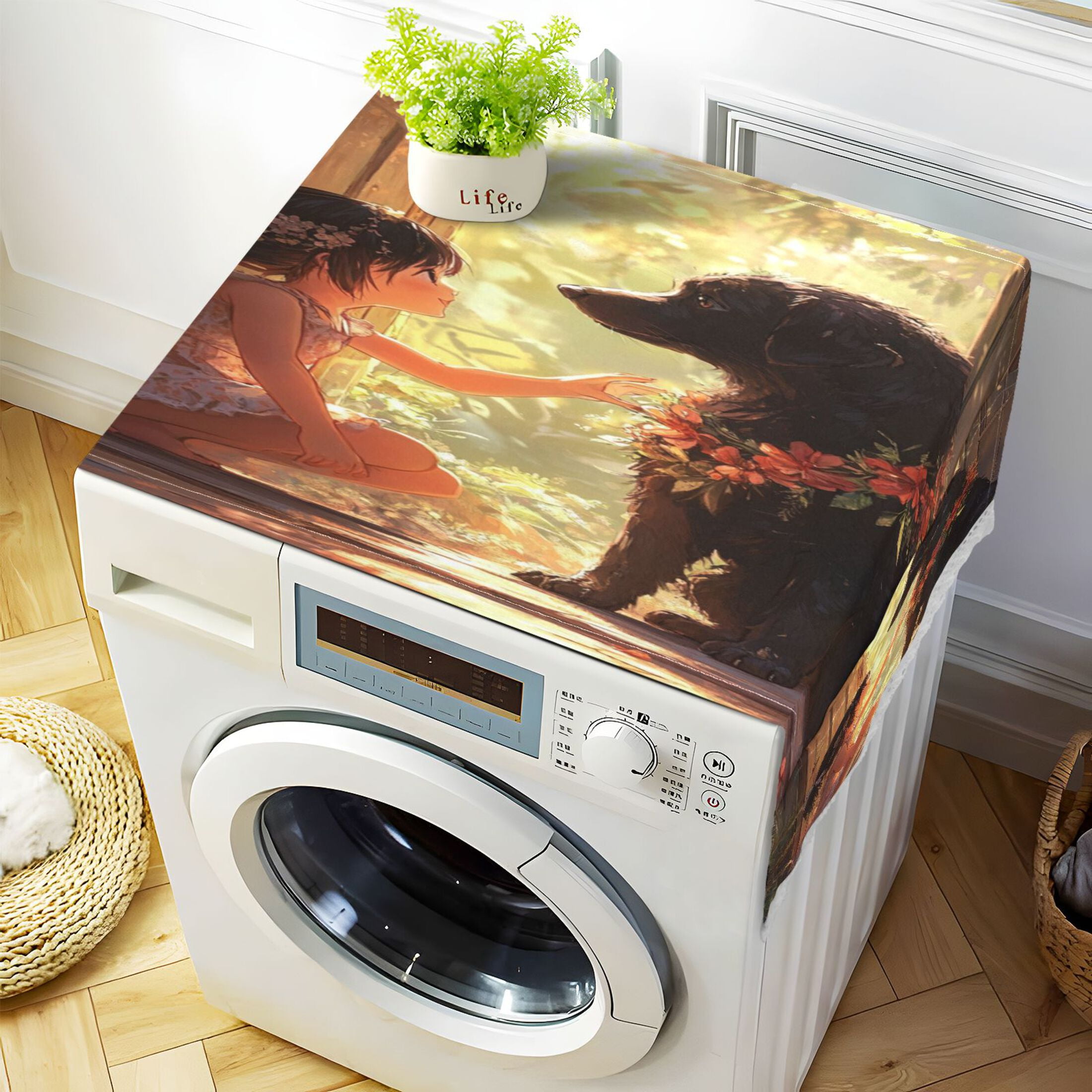Black Dog with GirlWasher and Dryer Covers Dust-Proof and Oil Resistant Fridge Cover with 4 Storage Pockets Washing Machine Top Cover for Laundry Kitchen Home 51.2 x 22 In