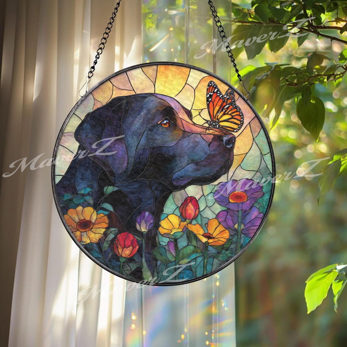 Black Dog Glass Suncatcher, Butterfly Window Hanging, Floral Pet Art Decor, 3.5 in