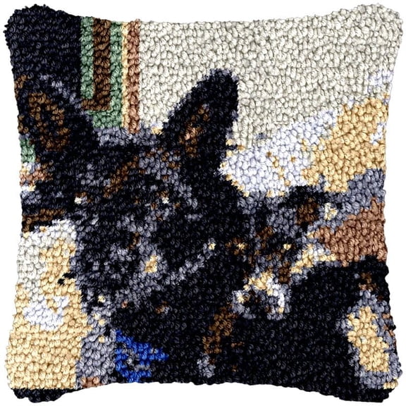 Black Dog Latch Hook Kits Pillow DIY Rug Cushion Making Kits with preprinted Pattern Canvas Instruction Yarns and Latch Hooking Pillow Cover Easy to Start DIY Home Decor Kits 43x43cm