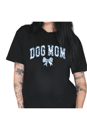 Black Dog Mom Blue Floral Chinoiserie Bow Coquette Varsity Letter Dog Lover Pet Owner Gift Tshirt Graphic Tees Shirts Tops S-5XL