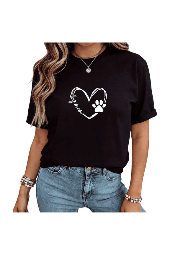 Black Dog Mom Brush Stroke Heart Paw Print Tshirt Graphic Tees Shirts Mothers Day Dog Lover Minimalist Casual Short Sleeve Tops S-5XL