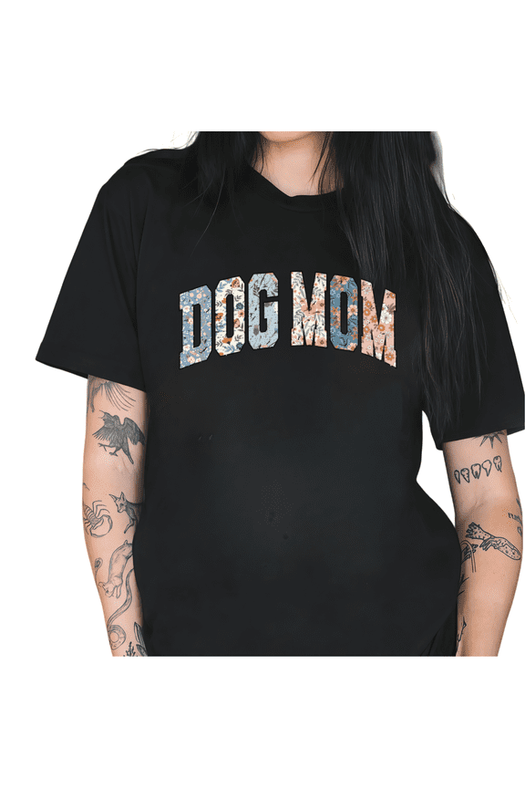 Black Dog Mom Floral Print Varsity Letter Dog Lover Pet Owner Gift Tshirt Graphic Tees Shirts Tops S-5XL