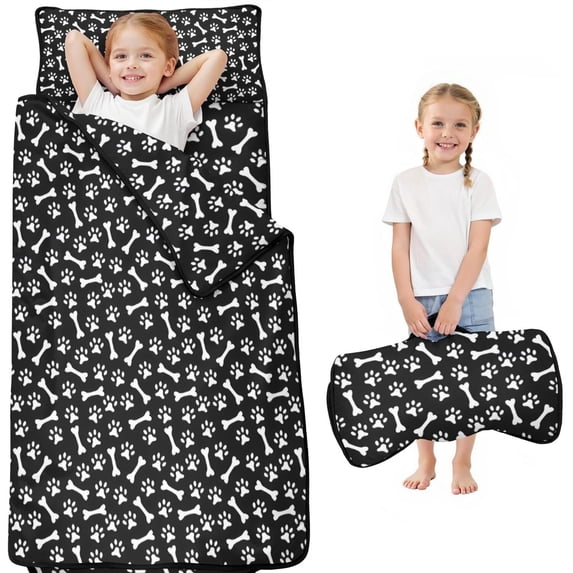 Black Dog Paw Footprint Bone Toddler Nap Mats for Kids Preschool,Sleeping Mat Bag or Kids,Toddler Sleeping Bag,Toddler Nap Mat or Daycare