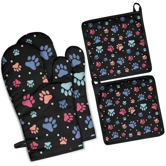 Black Dog Paw Footprint Kitchen Oven Mitt and Pot Holder Sets 2 Pcs for Baking, Cooking and Grilling, Heat Resistant Up To 392 °F