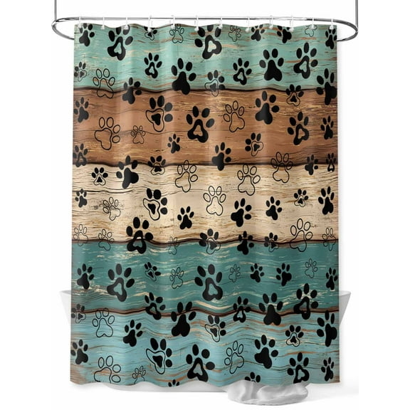 Black Dog Paw Print Shower Curtain, Rustic Turquise Brown Farmhouse Wood Bathroom Decor Curtains Set with Hooks, Waterproof Fabric Home Accessories， 66 X 72 Inch Long