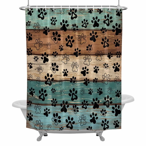 Black Dog Paw Print Shower Curtain Set with Hooks, Rustic Turquise Brown Farmhouse Wood Waterproof Fabric Bathroom Curtains Decor Home Accessories,72 X 72 Inch Long