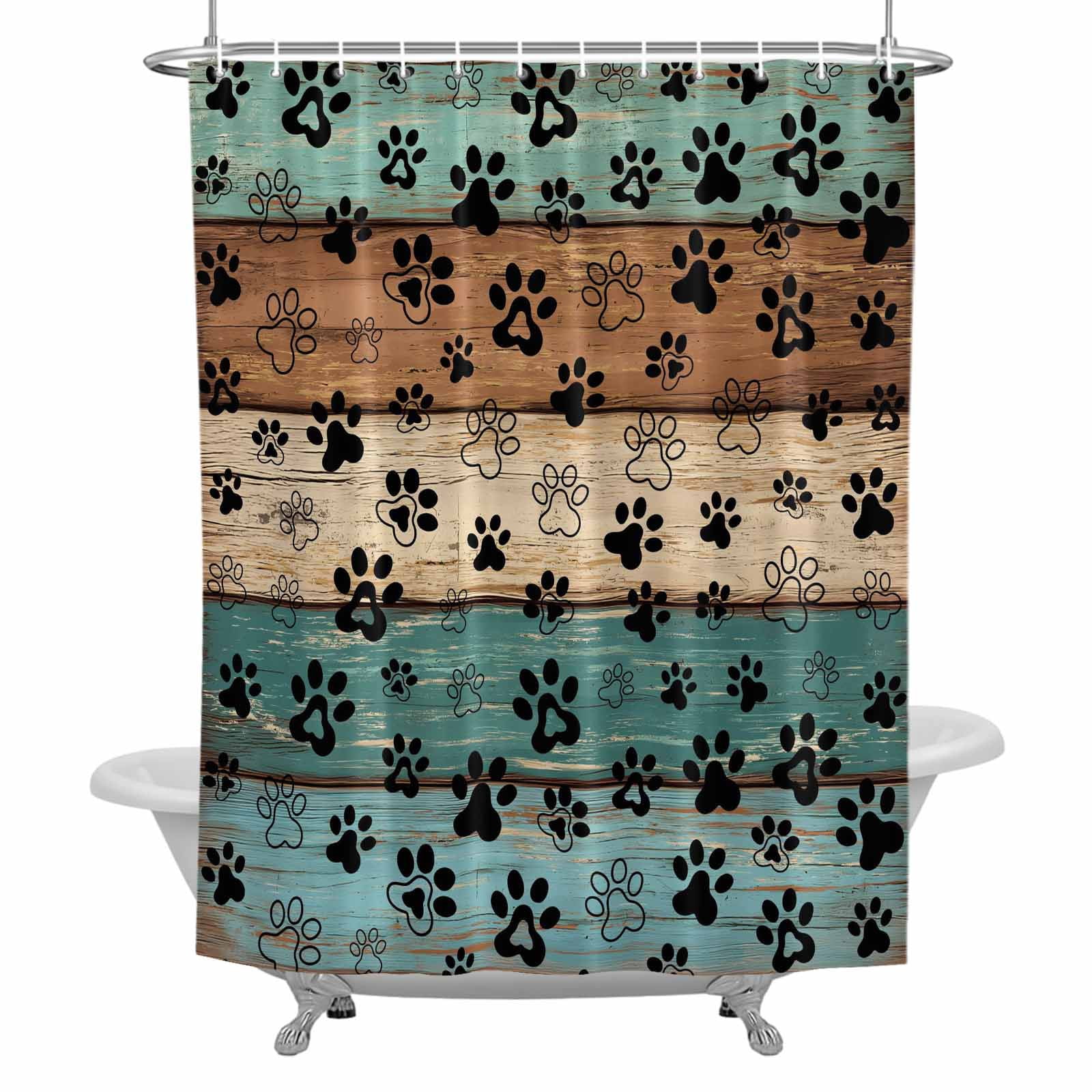 Black Dog Paw Print Shower Curtain Set with Hooks, Rustic Turquise ...