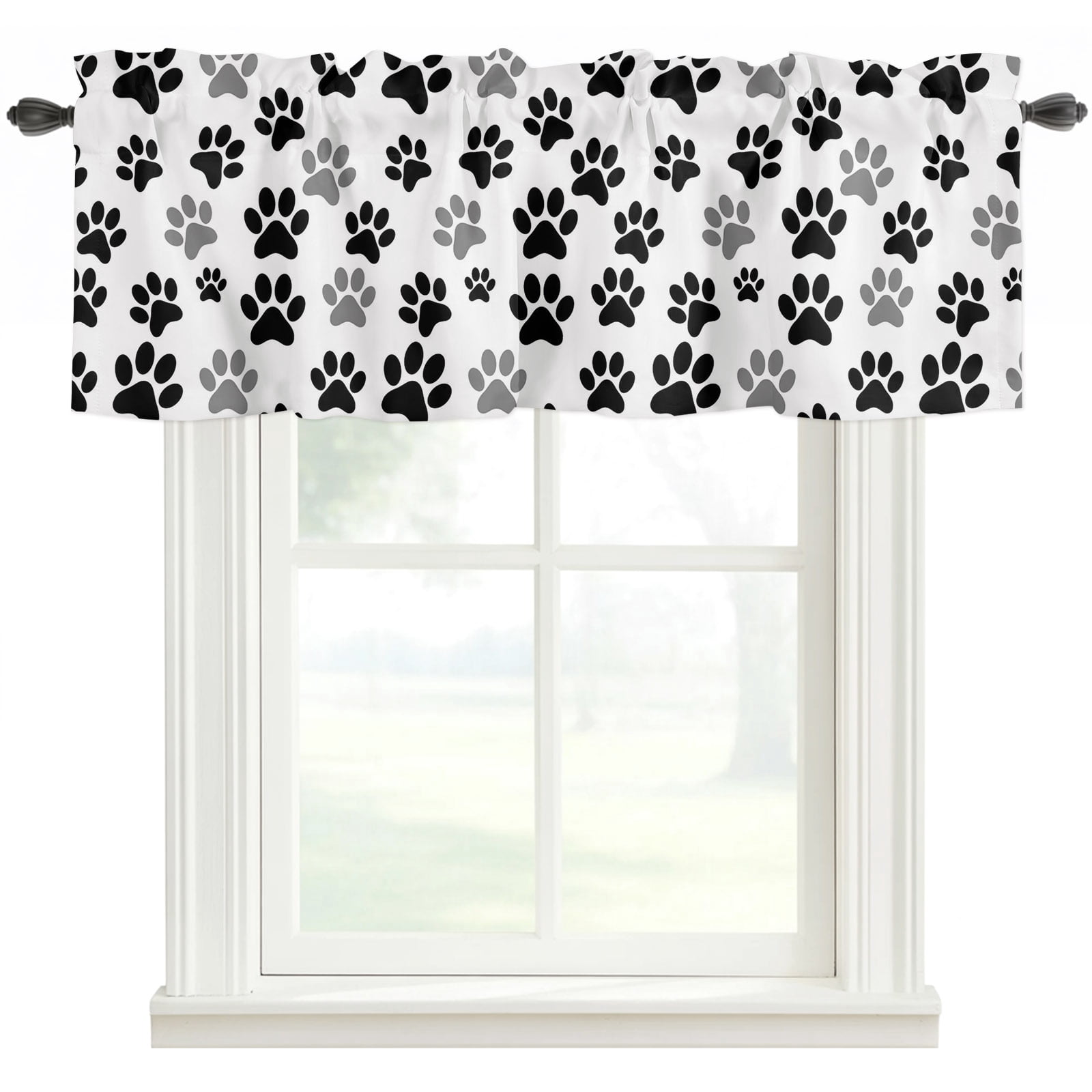 Black Dog Paw Prints Kitchen Valances for Windows, Cute Decor Paw Print ...