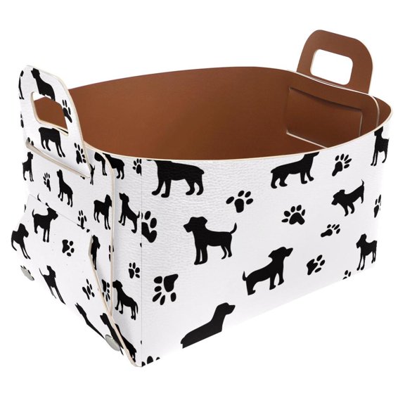 Black Dog and Paw Storage Basket Collapsible Storage Bin, PU Foldable Basket Convenient Box Storage Organizer with Handles for Shelves Office Bedroom Closet Nursery Toys Laundry