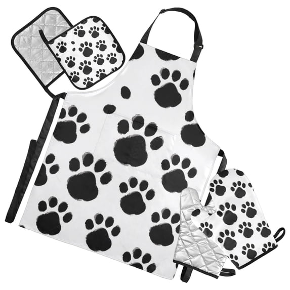 Black Dog Paws 5 Pcs Kitchen Set Heat Resistant Oven Mitts and Non-Slip Pot Holders with Adjustable Cooking Apron