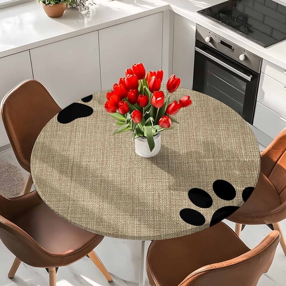 Black Dog Paws Prints Round Fitted Tablecloth with Elastic Edge,Waterproof Table Cloth Fits Tables Up to 36"-44",Wipeable Table Cover for Indoor Outdoor Dinning,Farm Animal Print Claws Brown Linen