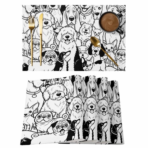 Black Dog Placemats Set of 12 Cute Line Cartoon Funny Animals Place ...