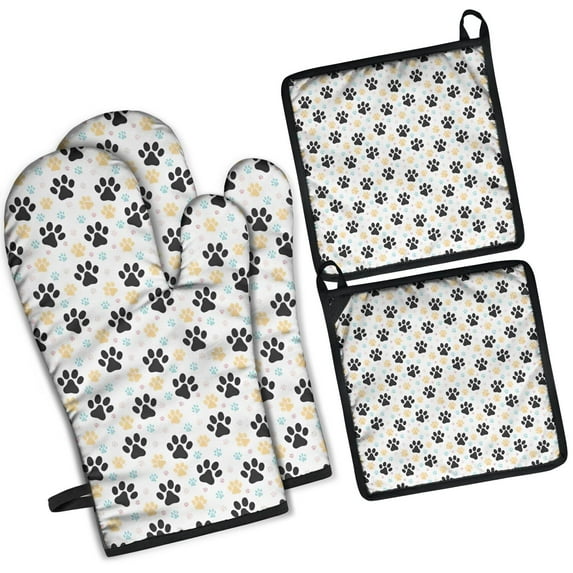 Black Dog Puppy Paw Kitchen Oven Mitt and Pot Holder Sets 4 Pcs for Baking, Cooking and Grilling, Heat Resistant Up To 392 °F