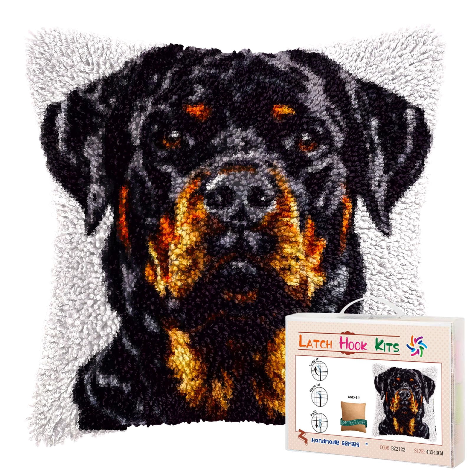 Black Dog Rottweiller DIY Latch Hook Pillow Kits for Adults Printed Pillowcase Crochet Yarns Hooking Handmade Pillow Cover Cushion for Home Sofa Decoration 17x17inch(2)