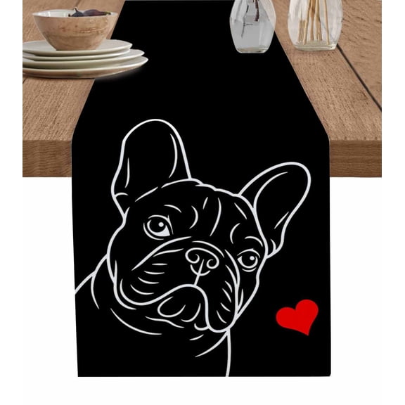 Black Dog Table Runner 36 Inches, Cartoon Simple Line Animals Love Heart Art Bed Runner Dresser Scarves Tabletop for Indoor Outdoor Parties/Ceremony/Banquet, 13"x 36"