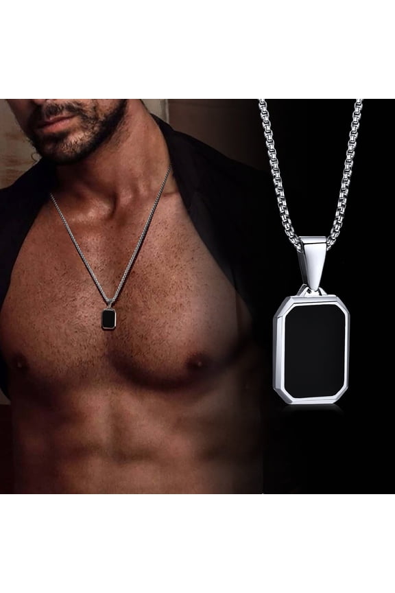 Black Dog Tag Necklace for Men, Minimalist Stainless Steel Square Pendant Necklaces, Mens Stylish Non Tarnish Dogtags Chain Pendant Necklaces Jewelry Gifts