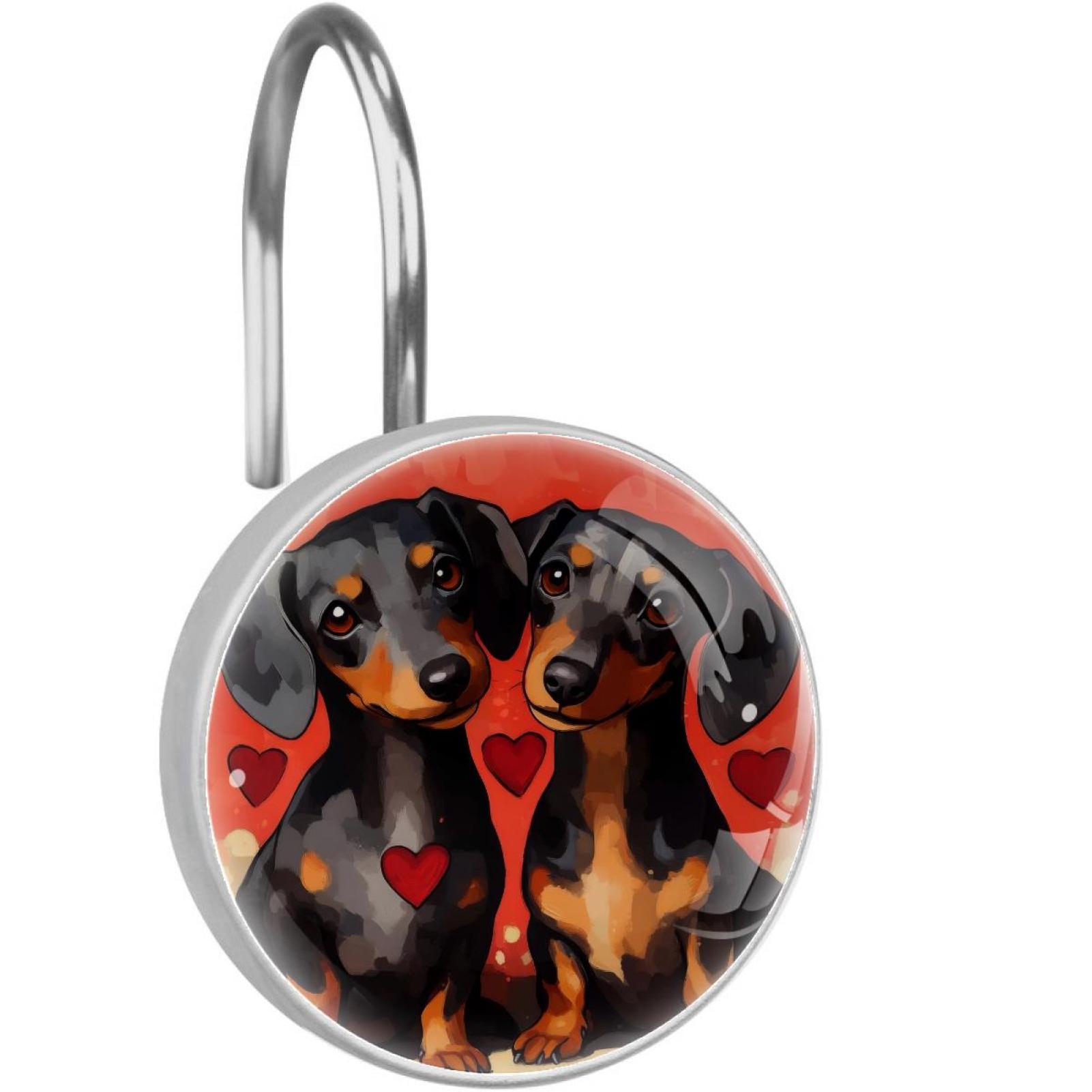 Black Dog on Red Heart Shower Curtain Hooks Round Crystal Glass, Set of 12 Shower Curtain Rings - Shower Hooks for Curtain Shower Rings