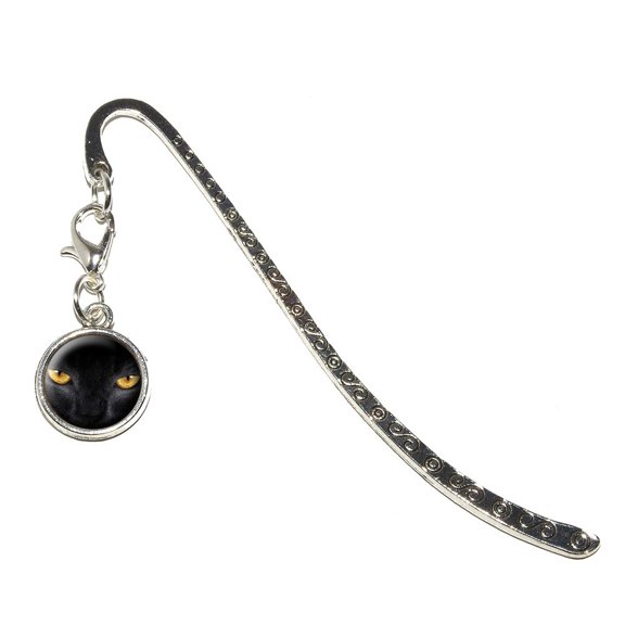 Black Domestic Cat Gold Eyes Metal Bookmark with Charm