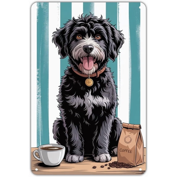 Black Doodle Dog Coffee Lover tin sign Vintage Cute Dog with Coffee Metal Sign Print Aesthetic for Garden Yard Bar Porch Home Bedroom Kitchen Wall Decor Decor Gift 8 x 12 inch