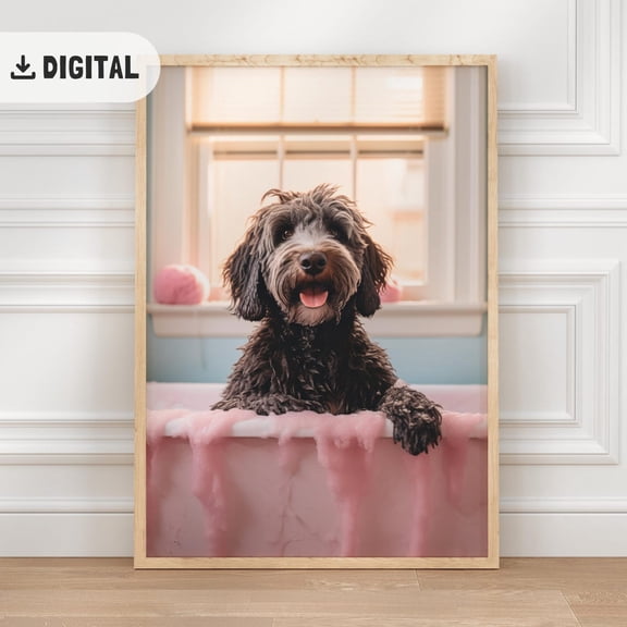 Black Doodle Poster, Labradoodle On The Bath Quirky Dog Tet Pet Portrait Cavapoo Bathtub Wc, Bathroom And Gallery Wall Decor