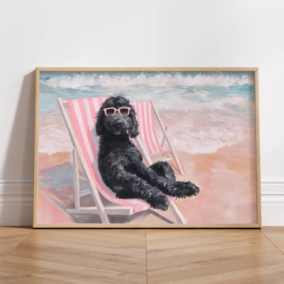 Black Doodle, Summer Poster, Coastal Goldendoodle Dog Beach Decor, Dopamine Art, Unframed Poster Size 8x12