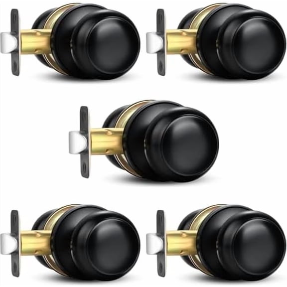 Black Door Knob, 5 Pack Round Keyless Doorknobs Interior/Exterior Lockset, Passage Locking Door Knobs for Bedroom/Bathroom, Black Modern Design Door Hardware