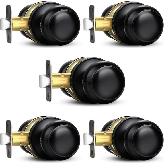 Black Door Knob, 5 Pack Round Keyless Doorknobs Interior/Exterior Lockset, Passage Locking Door Knobs for Bedroom/Bathroom, Black Modern Design Door Hardware