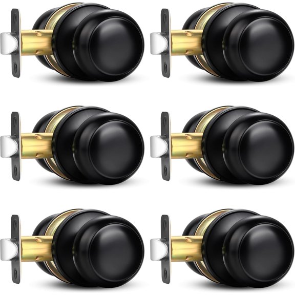 Black Door Knob, 6 Pack Round Keyless Doorknobs Interior/Exterior Lockset, Passage Locking Door Knobs for Bedroom/Bathroom, Black Modern Design Door Hardware