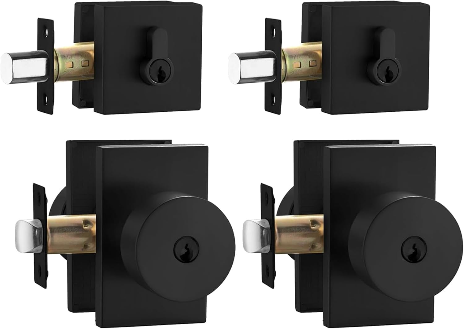 Black Door Knob with Deadbolt, Zinc Alloy Matte Black Exterior Door Lock Set, Heavy Duty Front Door Knob and Deadbolt Set with Lock and Key, Reversible Modern Secure Entry Hardware (2 Pack)
