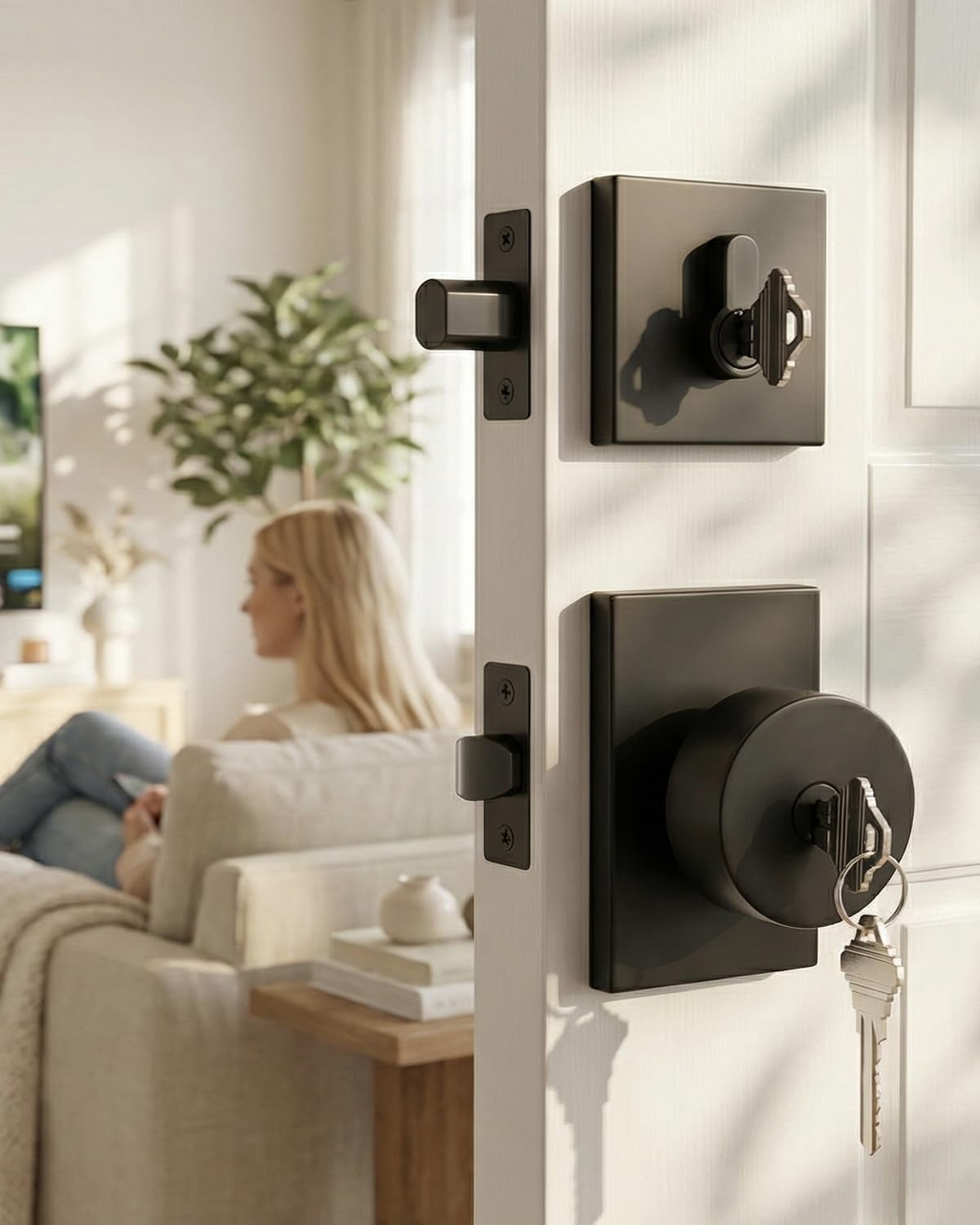 Black Door Knob with Deadbolt, Zinc Alloy Matte Black Keyed Alike ...