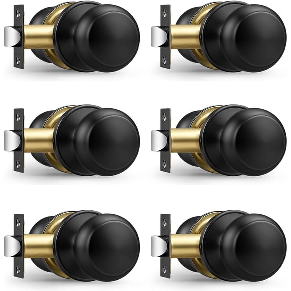 Black Door Knobs Interior, Passage Door Knobs for Hallway Closet, Matte Black Keyless Indoor Door Knob, 6 Pack