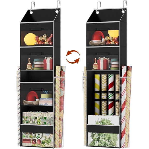 Black Over Door Wrapping Paper Organizer Storage with 3 Removable Drawers & Side Pockets – Dual Use Design with Elastic Straps – Christmas Gift Wrap Storage for Ribbons, Bows,Ornament and Other Tools