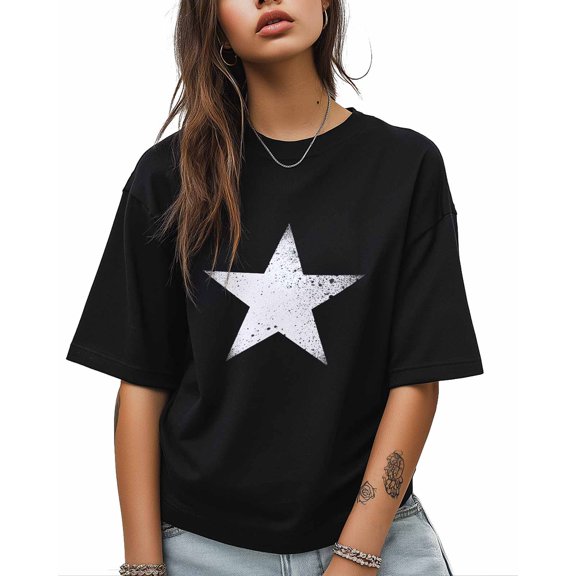 Black Dot Star Gradient T Shirts for Women Short Sleeve Cotton Crewneck T-Shirt Vintage Star Abstract Art Tee Tops Casual Basic T-Shirts, XS-5XL Black XS