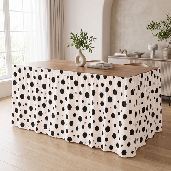 Black Dot Table Skirt, Gathered Ruffled Table Skirt with Scalloped Hem, Modern Classic Table Cover, for Party, Home and Vendor Booth Decor