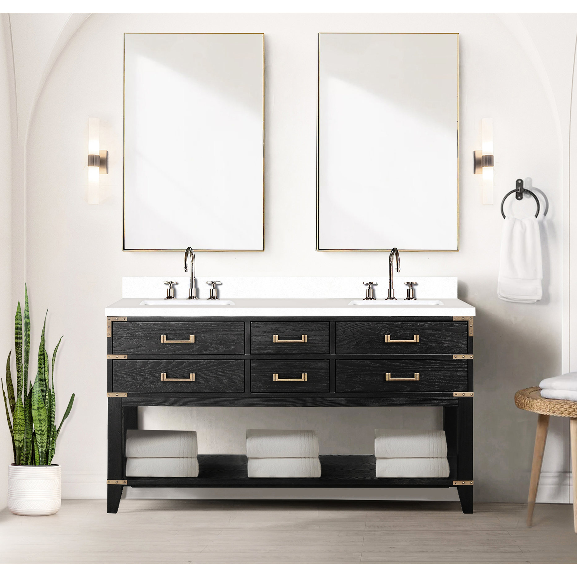 Black Double Bath Vanity 60 in. Wide with White Quartz Counter ...