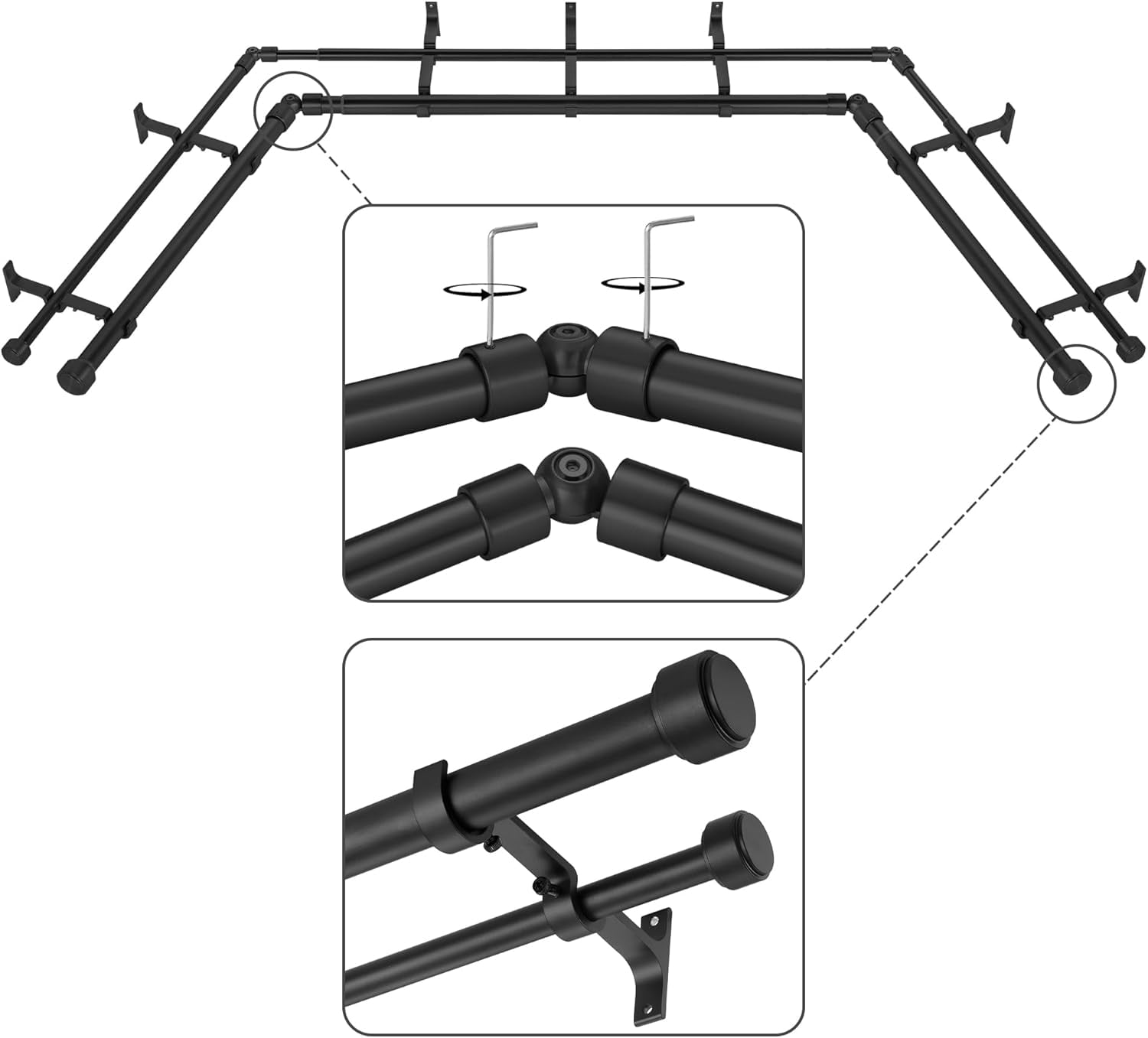 Black Double Corner Window Curtain Rods with Aluminum End Cap Finials and Brackets,1 Inch Diameter Dual Bay Window Curtain Rods, Adjustable 2 Sided 32-58" and 32-86 Center Double Rod