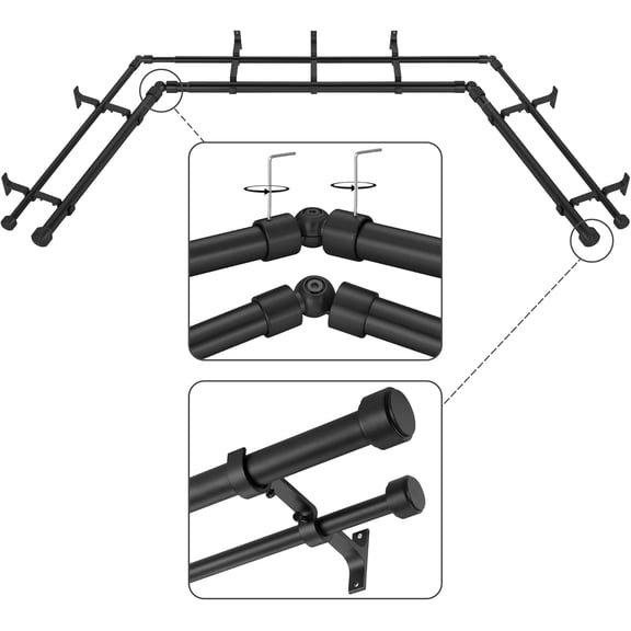 Black Double Corner Window Curtain Rods with Aluminum End Cap Finials and Brackets,1 Inch Diameter Dual Bay Window Curtain Rods, Adjustable 2 Sided 32-58" and 32-86 Center Double Rod