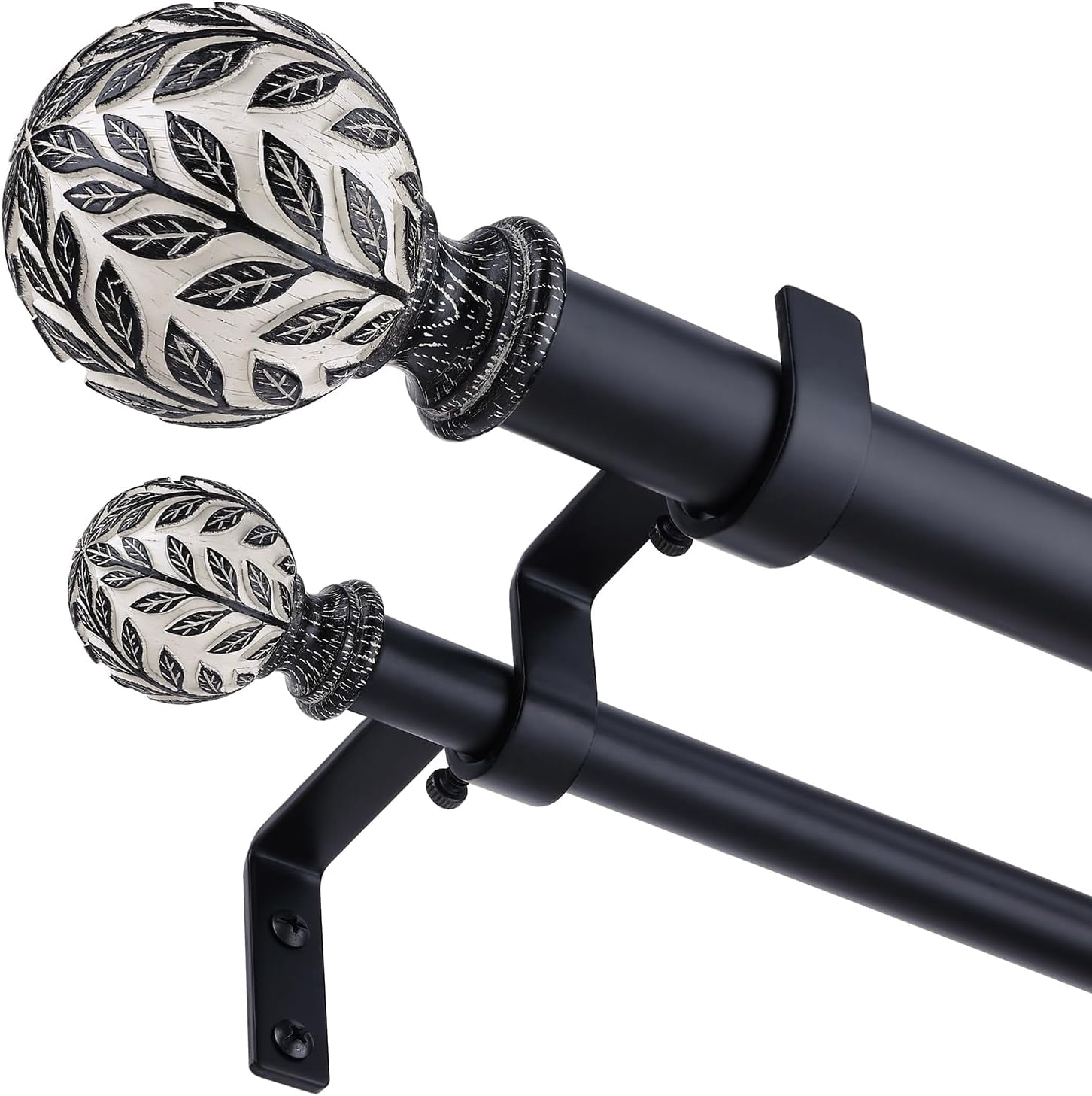 Black Double Curtain Rod 36-124 Inch, Boho Decorative Long Dual Curtain Rods for Windows, 1" Adjustable Heavy Duty Double Rod, Unique Handmade Leaf Finial Design